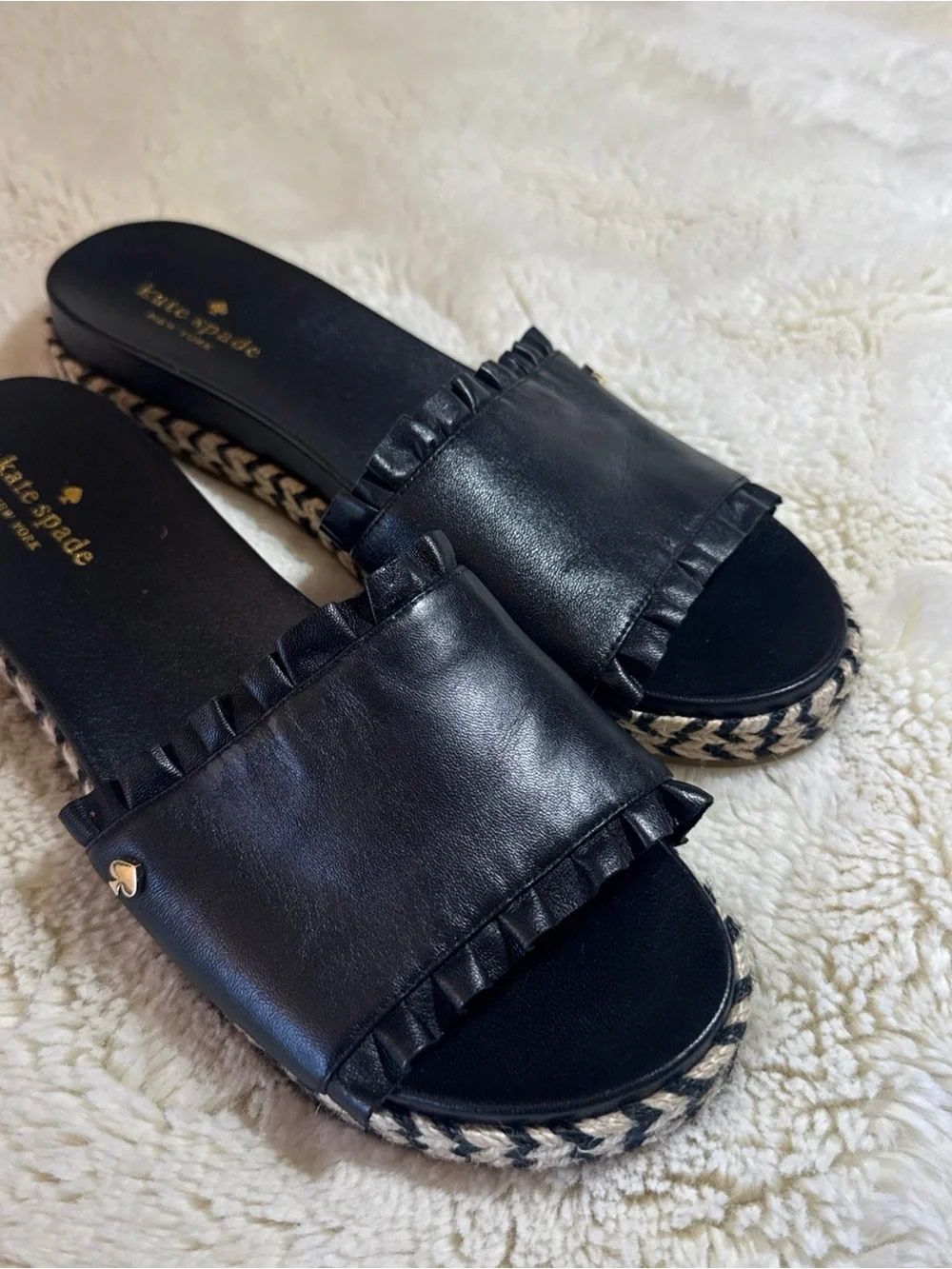 kate spade Black Leather Ruffle Espadrille Slide Sandals